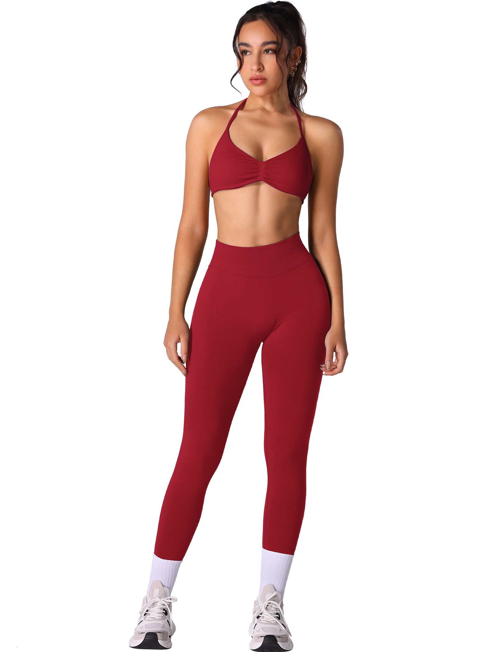ABOCIW Workout Sets for Women 2 Piece Seamless Halter Sports Bra Scrunch Butt High Waist Leggings Gym Yoga