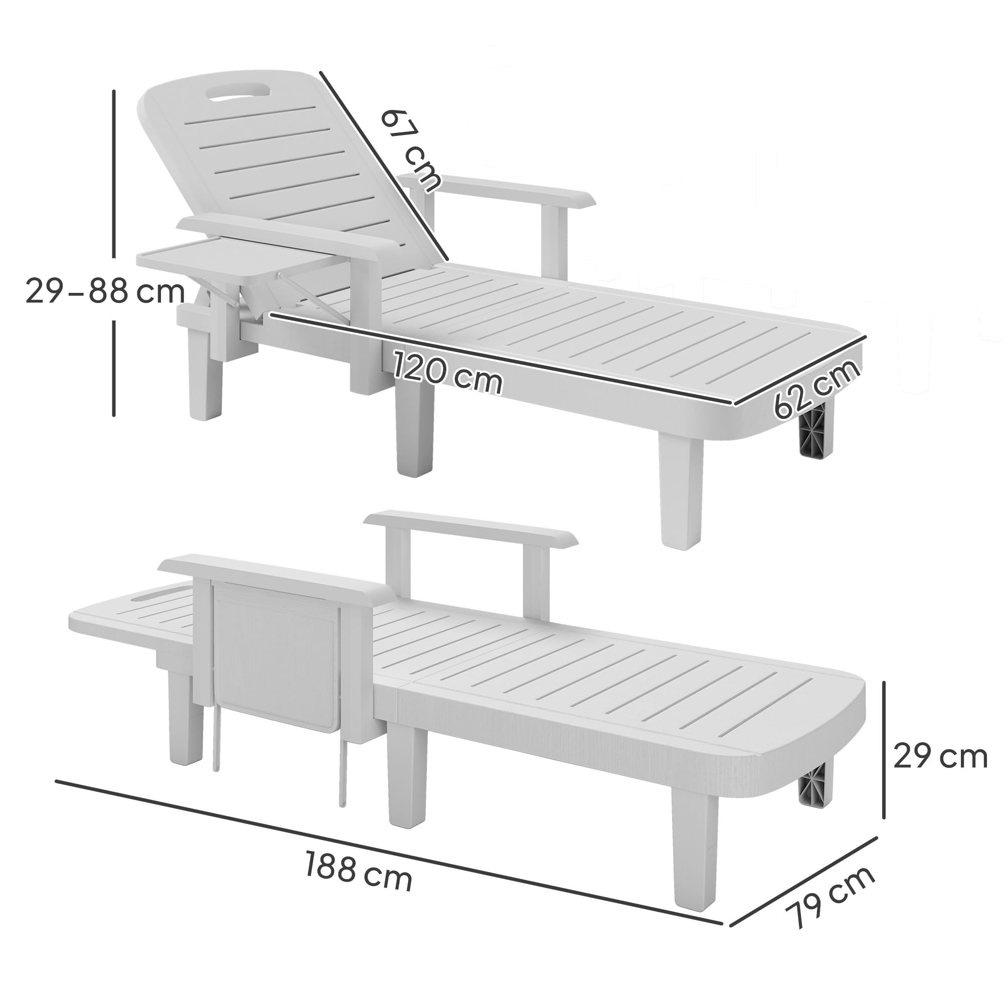 Outsunny Set 2 Lettini Prendisole con Schienale Regolabile su 5 Posizioni, Tavolino e Braccioli Ergonomici, Sdraio da Giardino in Polipropilene Impermeabile, 79x158x88 cm, Bianco