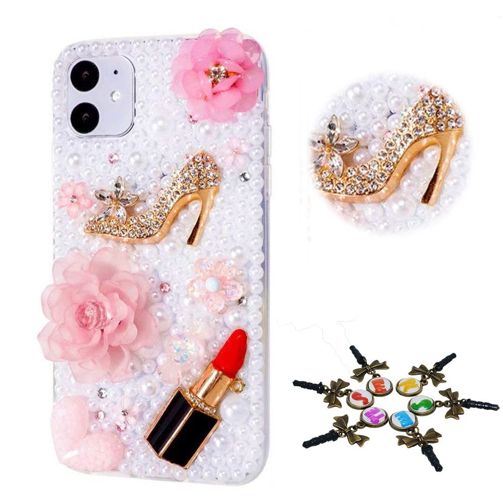 STENES Sparkle Phone Case Compatible with Samsung Galaxy A21s Case - Stylish - 3D Handmade Bling Girls High-Heel Lipstick Rose Flowers Rhinestone Crystal Diamond Design Cover Case - Pink