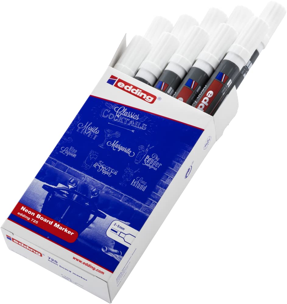 edding 725 marcador de neón para pizarra - blanco - 10 bolígrafos - pluma de cincel 2-5 mm - pizarra blanca, pizarra de tiza, vidrio, espejos - para marcas brillantes en cuartos oscuros