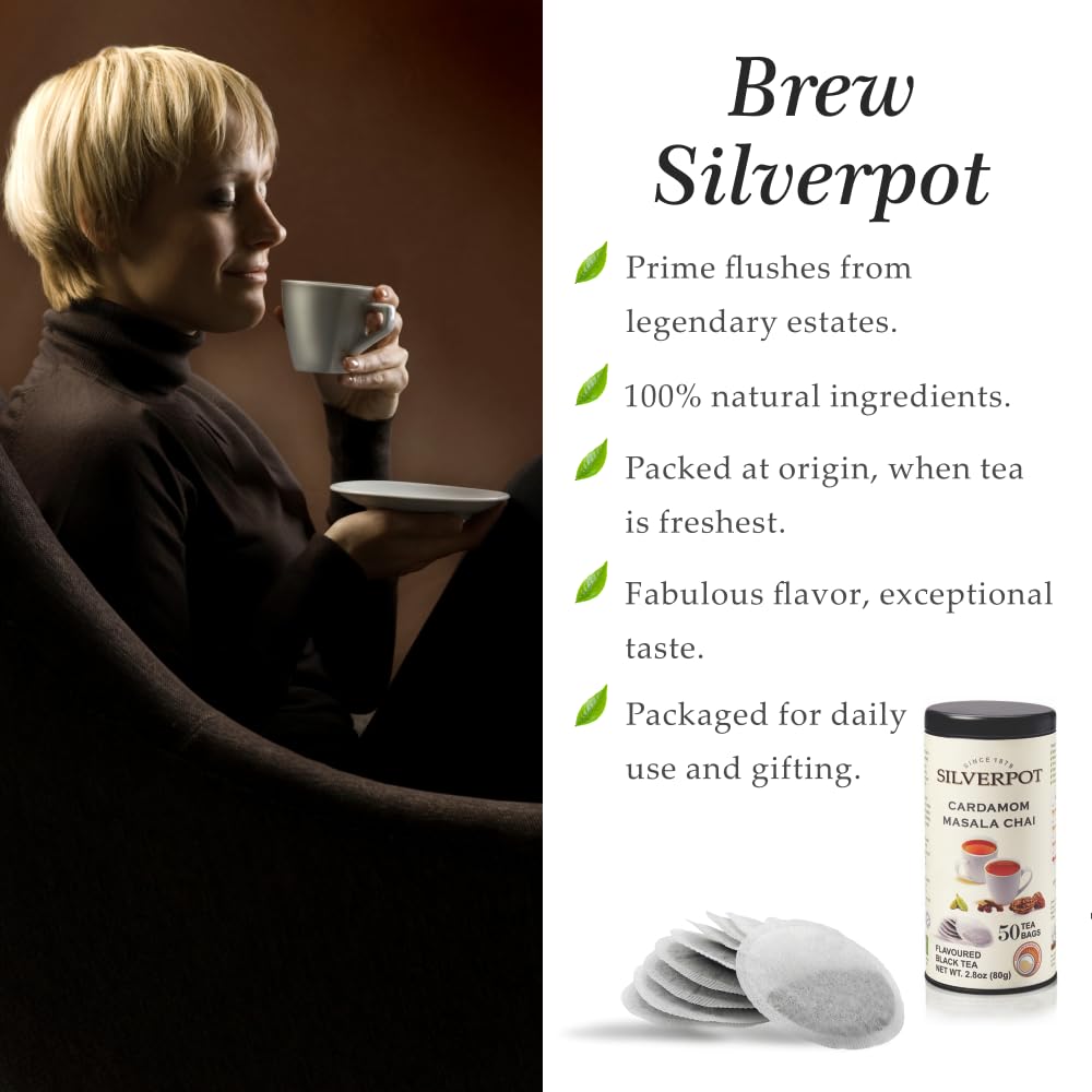 Silverpot Cardamom Masala Chai Tea Bags, 50 Count, Indian Masala Chai Tea, Assam Milk Tea with Cinnamon, Cloves, Pepper, Caffeinated, 100% Natural - Image 8