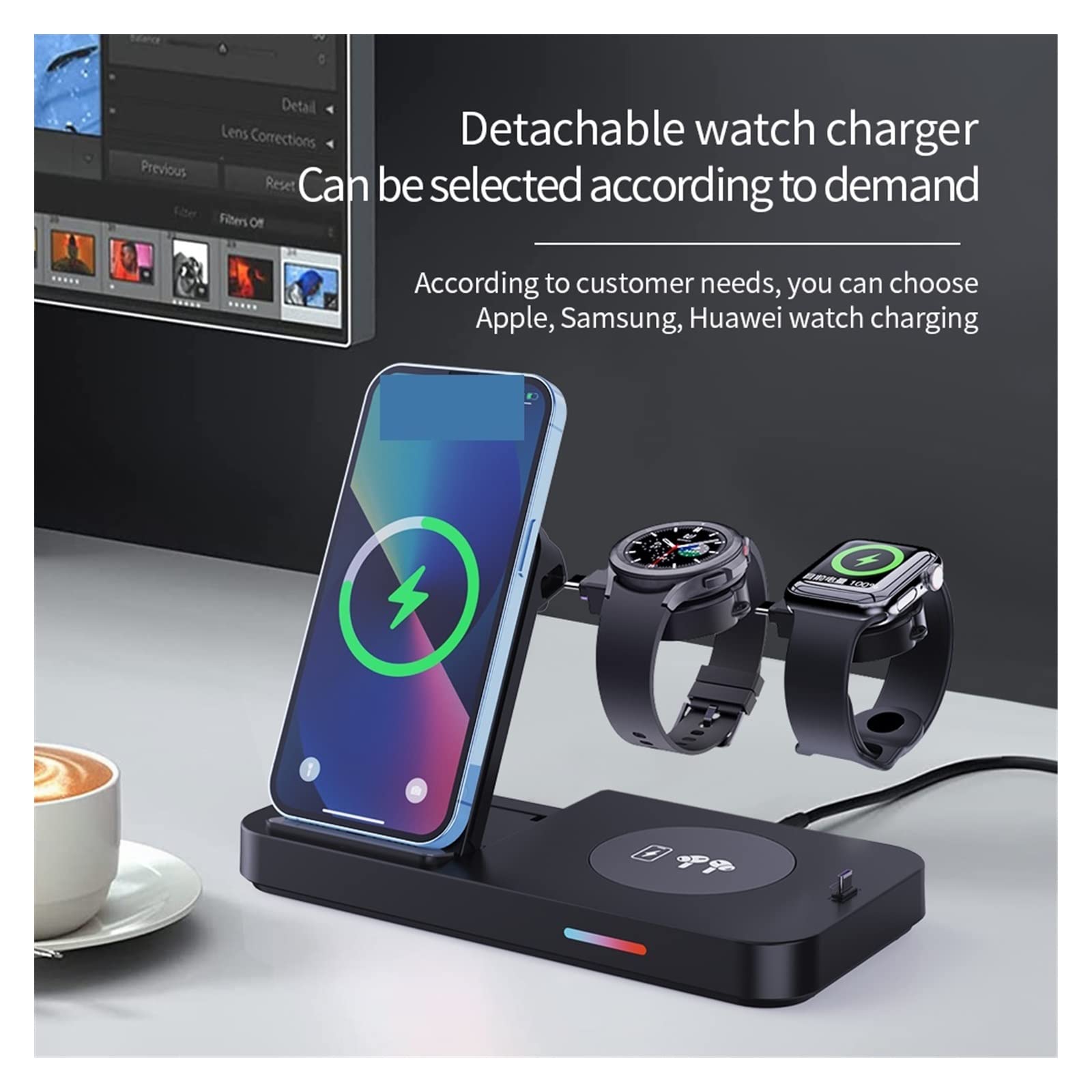 Support de Chargeur sans Fil Station Charge Rapide 30W for écouteur téléphone Montre Compact et Puissant(Blanc)