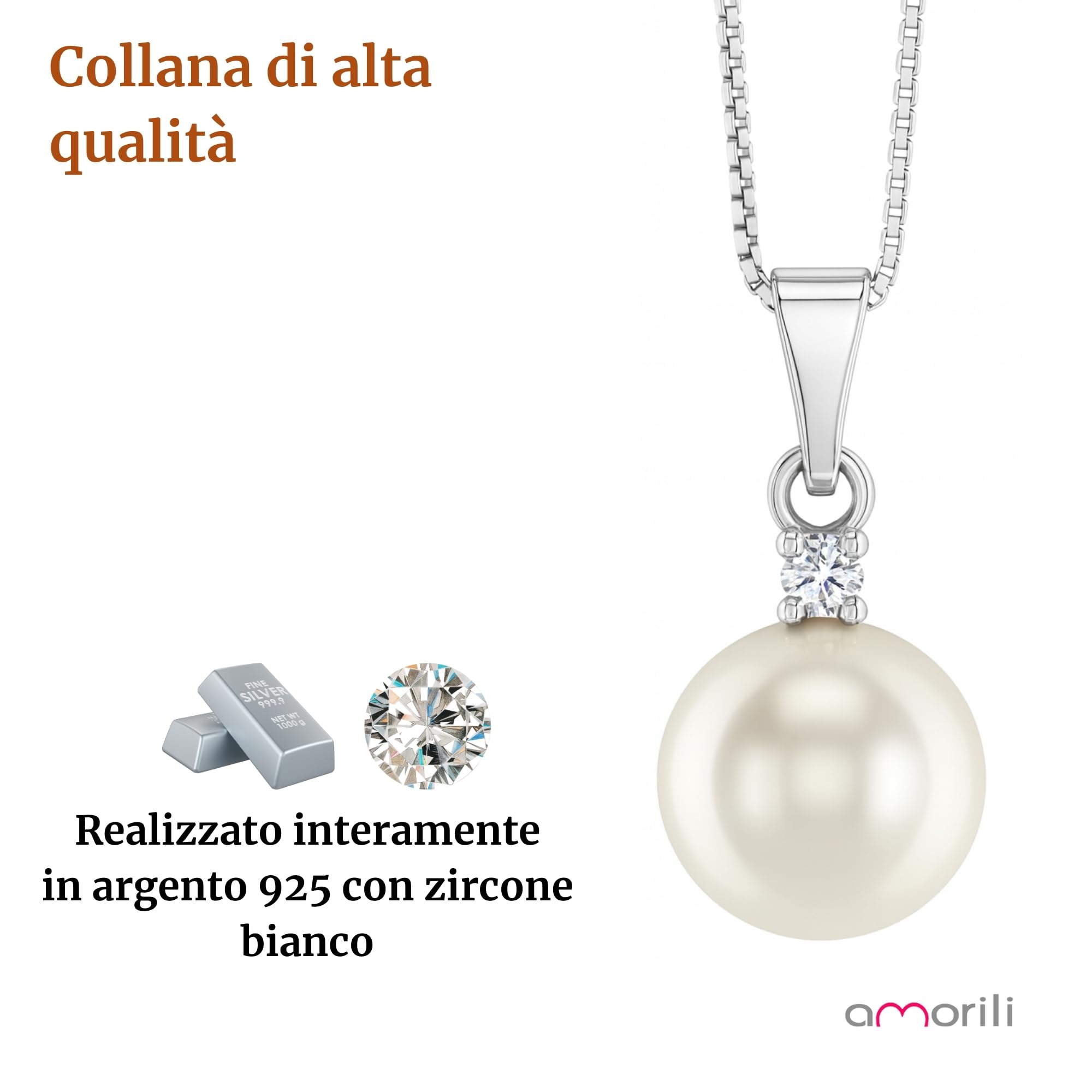 Collana Donna con Ciondolo Perla 12 mm in Argento 925 con Zircone – Gioiello Elegante, Regalo Raffinato per Donna, Accessorio Moda Cerimonia, Matrimonio, Compleanno