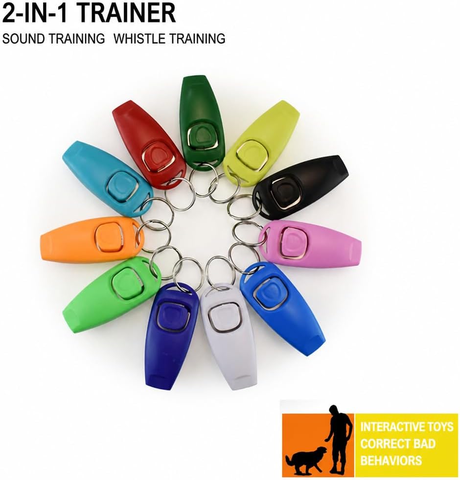 2 in 1 Dog Training Clicker and Whistle, ABS Handheld Behavior Trainer with Key Ring, Clear Sound Recall Aid for Puppies and Dogs, Indoor and Outdoor Use