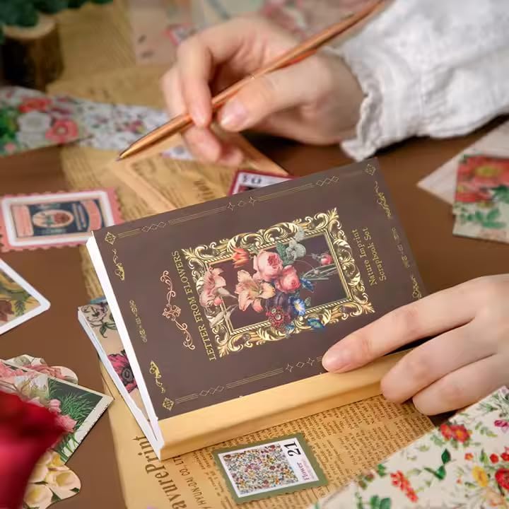 Image of GKN Scrape Book Kit 346pcs Vintage Journal Scrapbook Pack Kit For Art Journaling Bullet, Planners Diy Paper Stickers, Craft Kits Notebook, Collage Album Aesthetic Sticker Scrapebooking Album (Brown Flower)