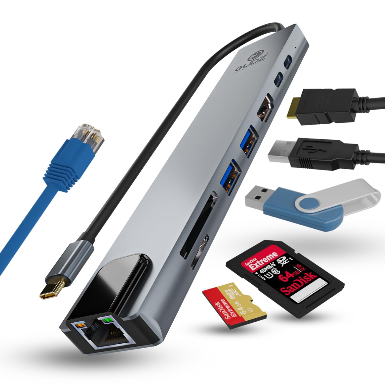 GUDZ Hub Adaptador USB Dockstation 8 em 1 HDMI 4K, RJ45, Leitor de
