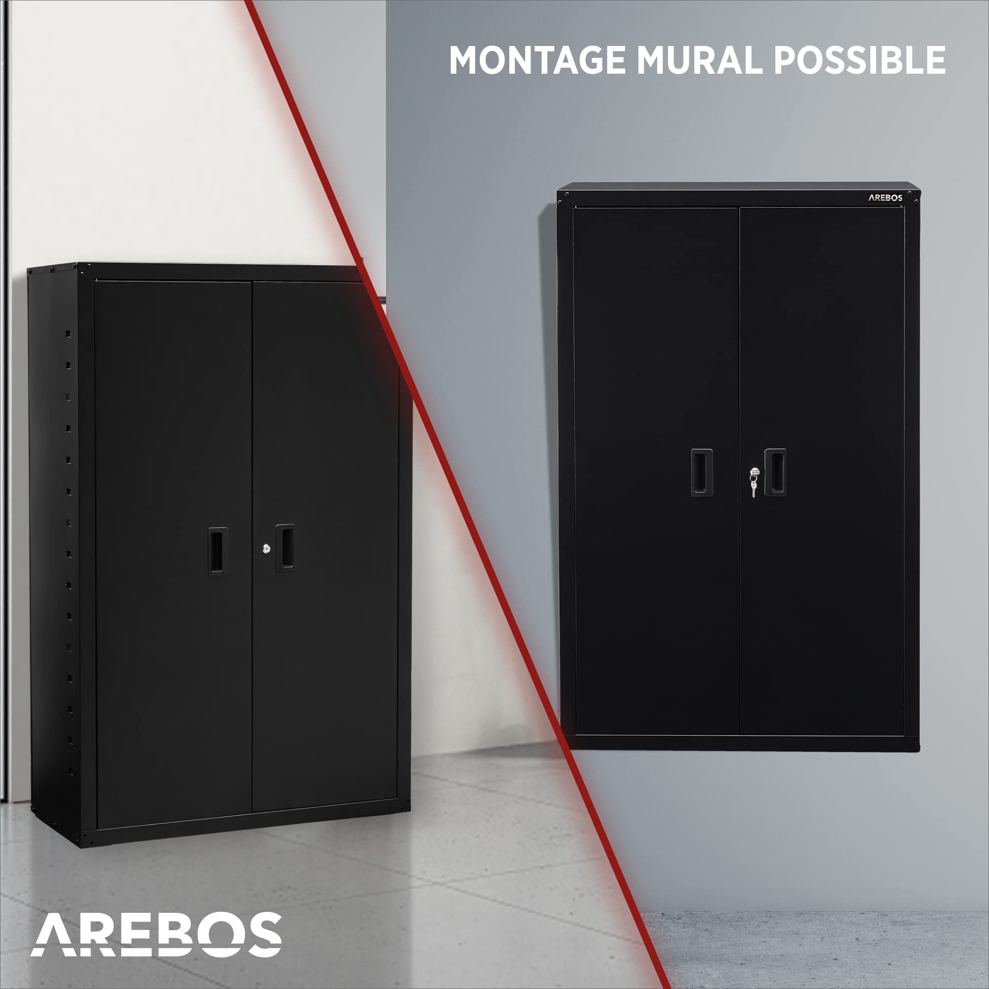 AREBOS Armoire à dossiers | Armoire de Bureau | 140 x 90 x 40 cm | 2 Portes | avec 3 étagères réglables en Hauteur | avec Serrure à Cylindre | Noir