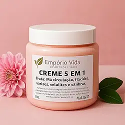 Creme 5 em 1 trata varizes, celulite, flacidez, câimbras e má circulação.