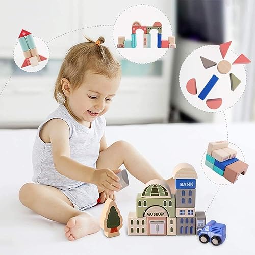 Miniatura 4 de umbresen Juego de 115 bloques de construcción de ciudad de madera, coloridos juguetes educativos preescolares apilables para niños y niñas, regalos