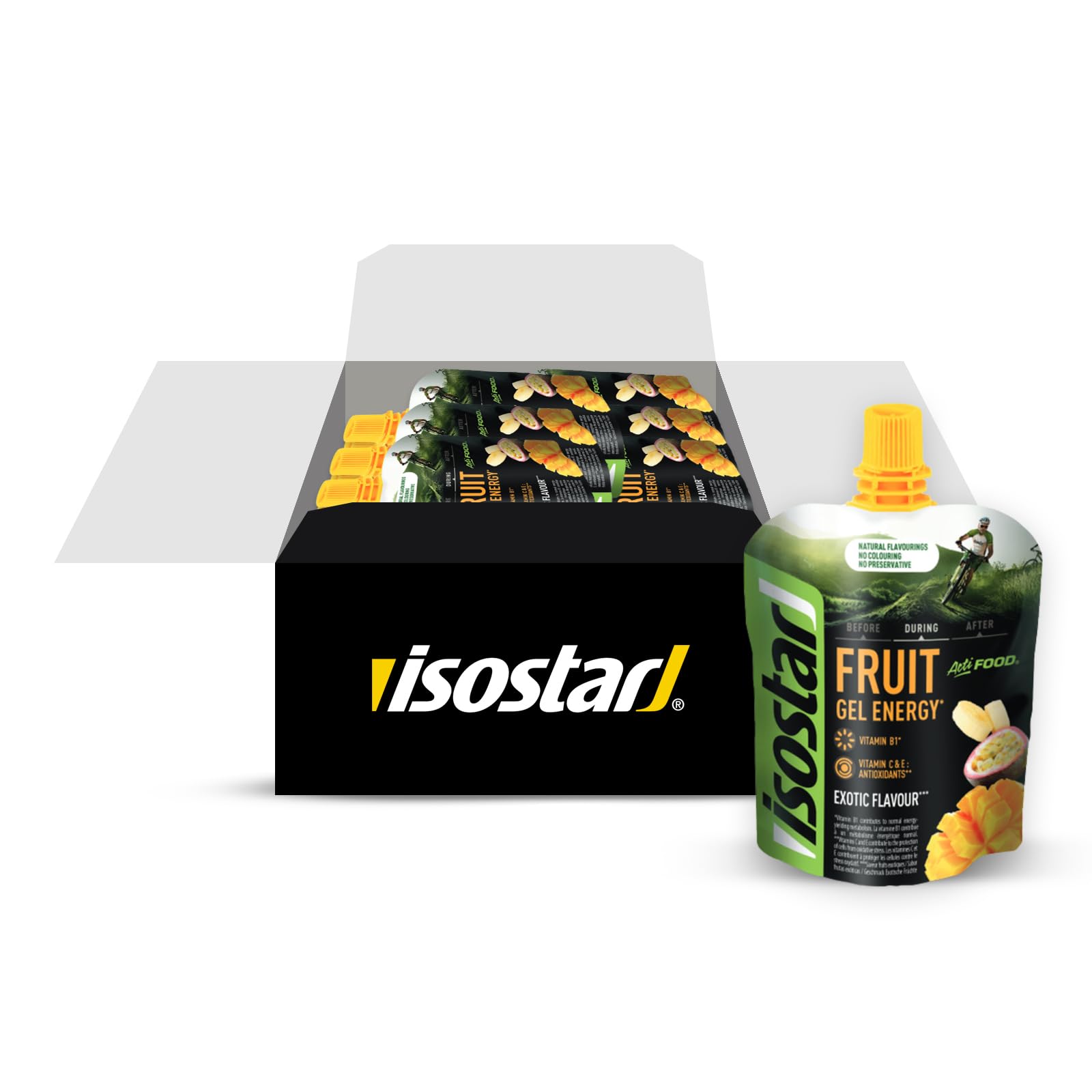 Isostar Actifood Gel Energético, Rico en Vitaminas C, E y Fuente de Vitamina B1, Sabor Exotic, 90g, 24 unidades