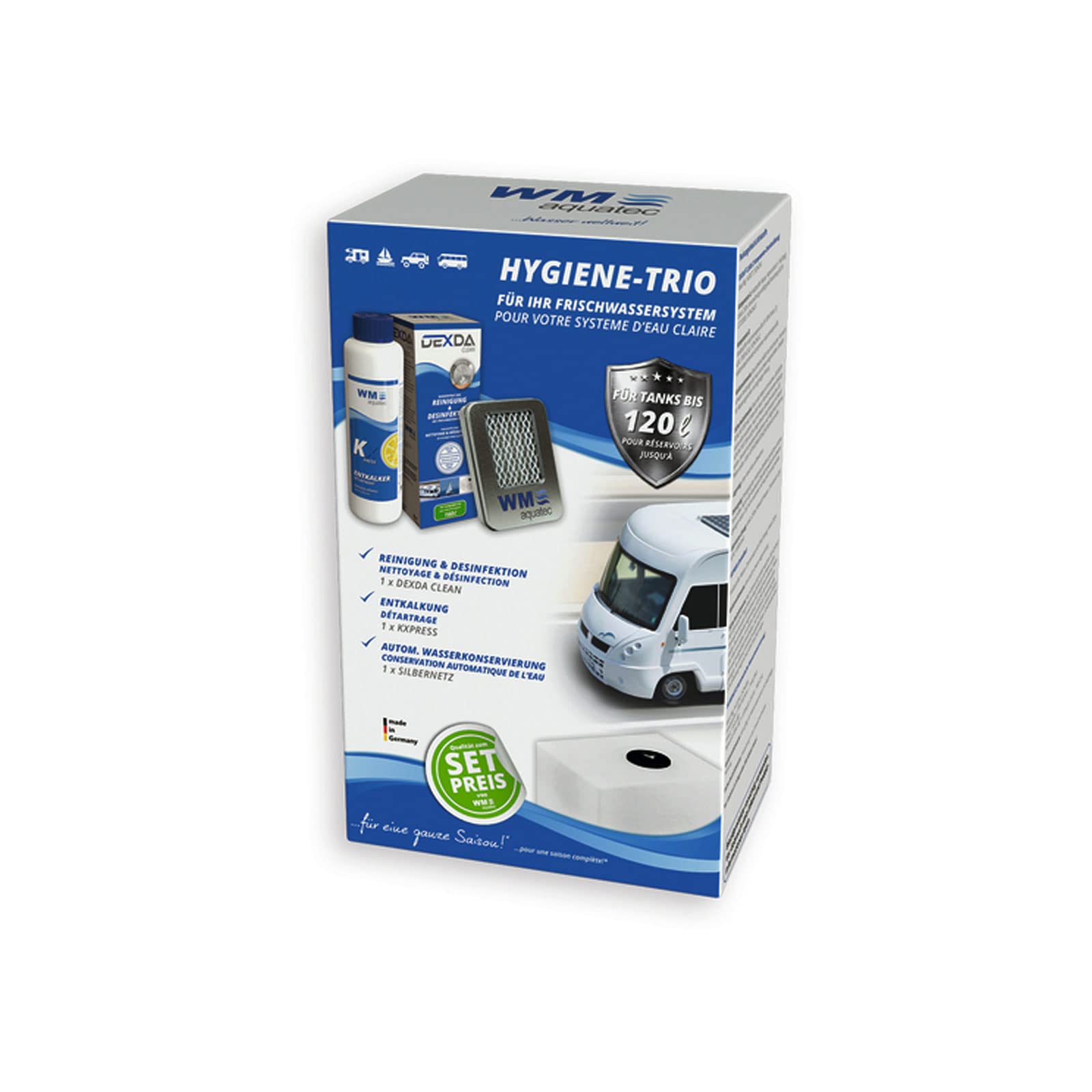 Trío de sistema de higiene de agua dulce de hasta 120 l: descalcificador, desinfección, red de plata, ideal para caravanas, autocaravanas y barcos