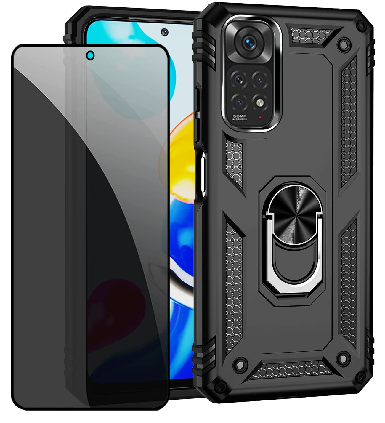 CLYDITE Compatible with Xiaomi Redmi Note 11/Redmi Note 11S case Black cover with Privacy Screen Protector Anti-Spy Tempered Glass Film ring magnetic Holder Shockproof Tough Armour Silicone cover