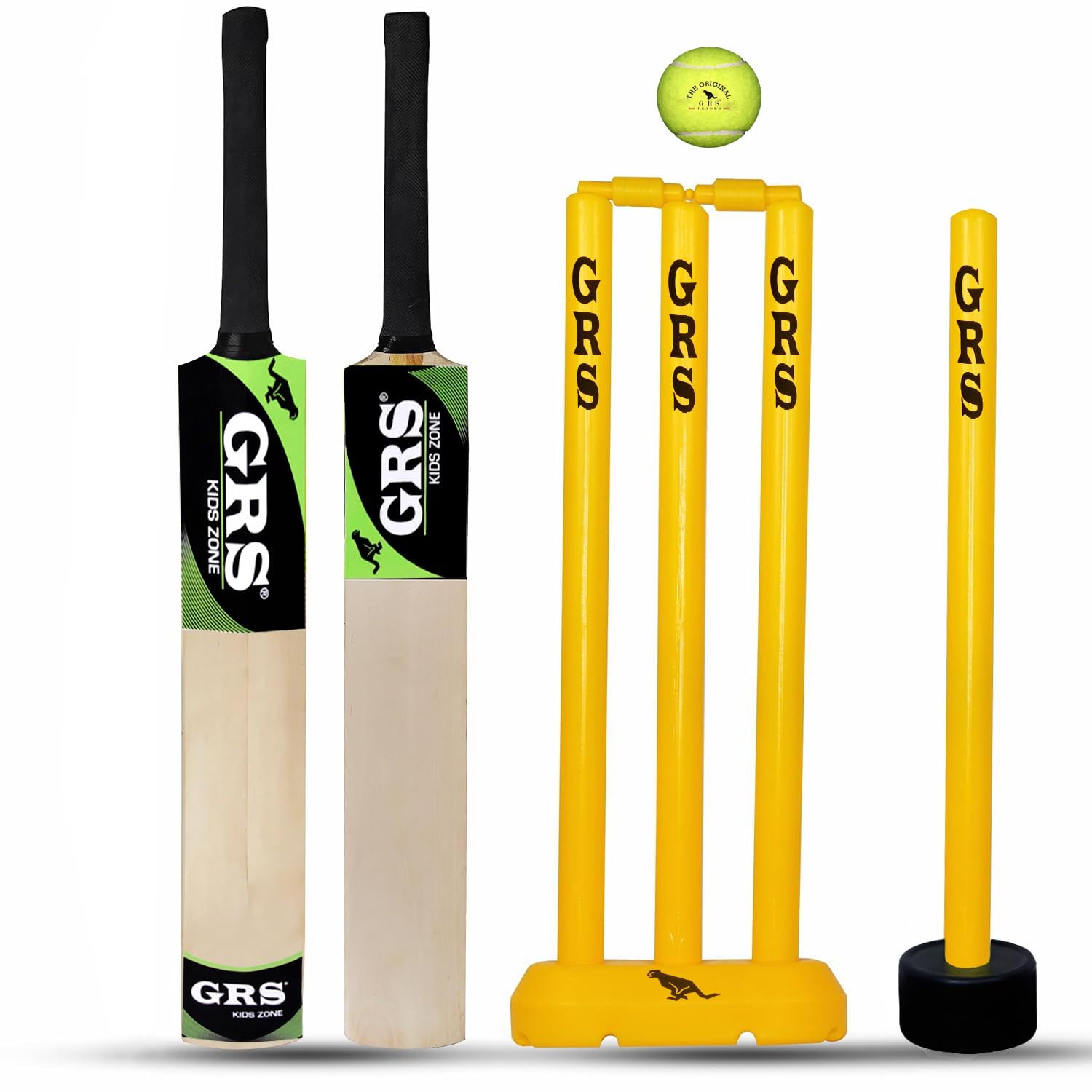 GRS Complete Cricket Combo Set for Kids (Age 6–10) – Size 3 Wooden Bat, Medium Plastic Wicket Set, Target Stump & Soft Tennis Ball | Outdoor Play Set for Beginners