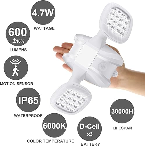 Miniatura 2 de HONWELL Luz con sensor de movimiento para exteriores, funciona con pilas, luz de inundación de seguridad exterior, inalámbrica, IP65, impermeable,
