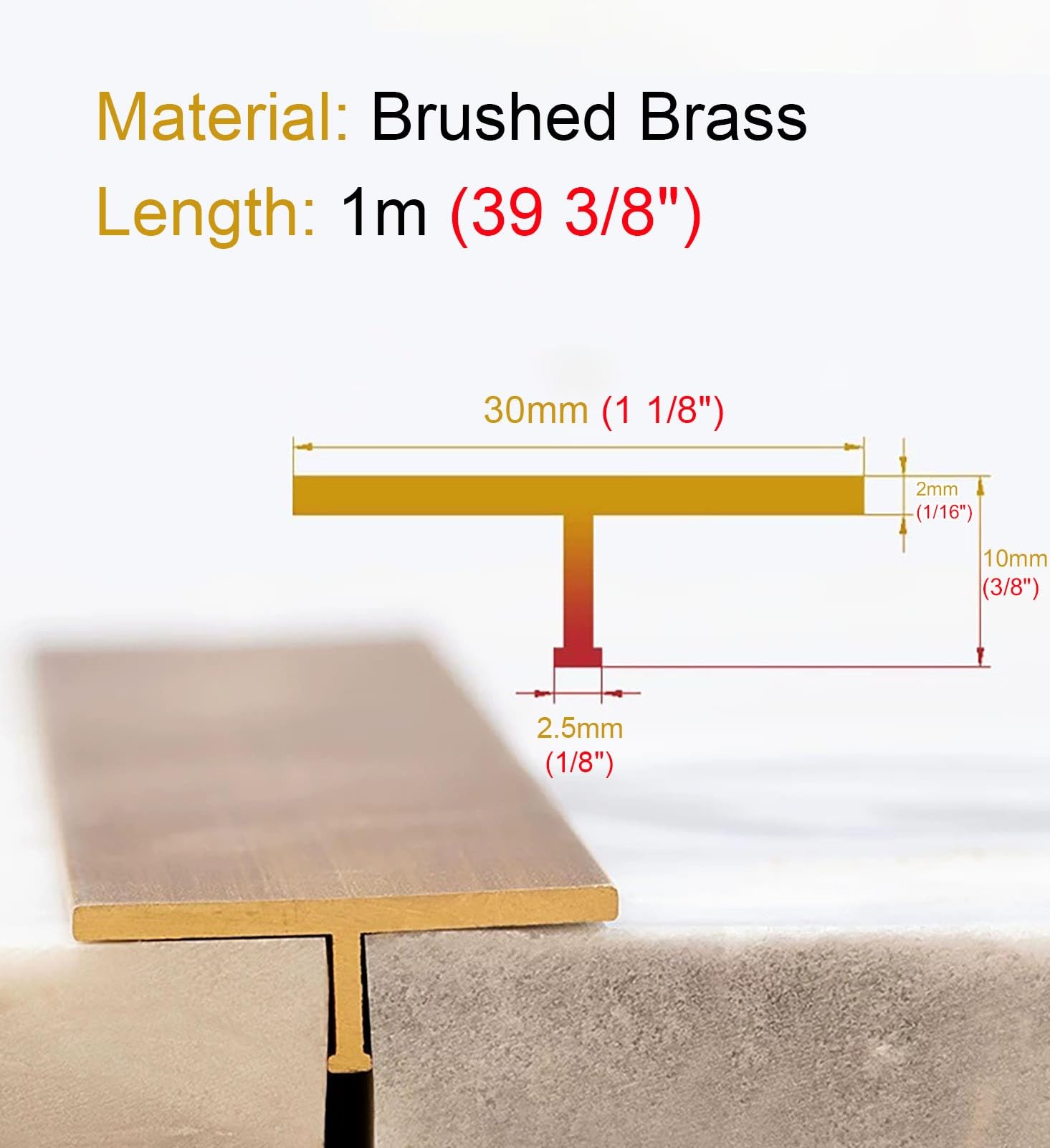 Profilo di Transizione Pavimento Profilo di Giunzione a T in Ottone | Profilo di Giunzione per Transizione Tra Pavimenti in Legno, Robusto Profilo di Raccordo per Sala(30x10mm (1.18x0.39in))