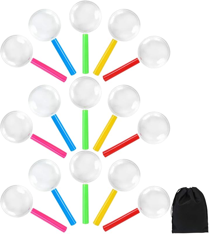 Elcoho 25 Pack Magnifying Glasses 3X Plastic Colorful Magnifying Glasses for Party Favors with Storage Bag, 5 Colors