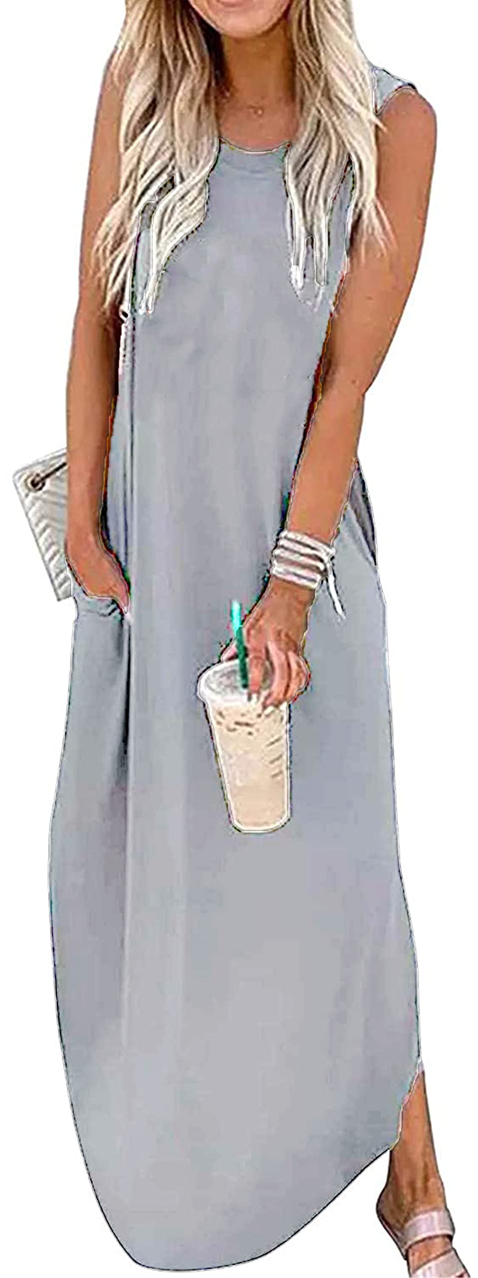 Women's Casual Beach Summer Dresses Sleeveless Graphic Long Sundress Cover Up Dresses with Pocket