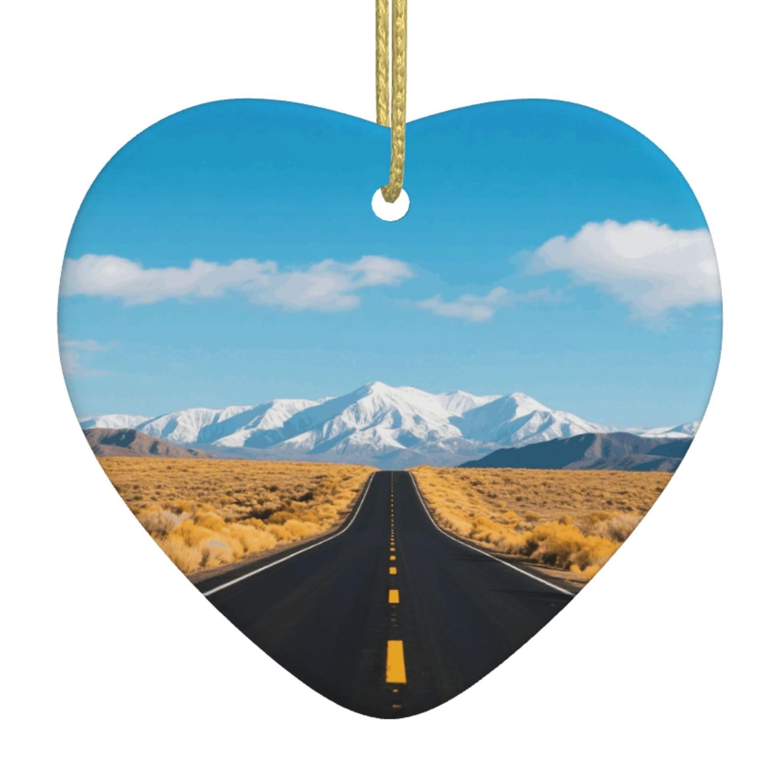 Freeway Highway Road in The Desert Christmas Ornament 2025 Heart Ceramic Hanging Ornaments for Home Decor Christmas Decorations with Gold Rope Double-Sided Xmas Tree Ceramic Hanging for Holiday Party