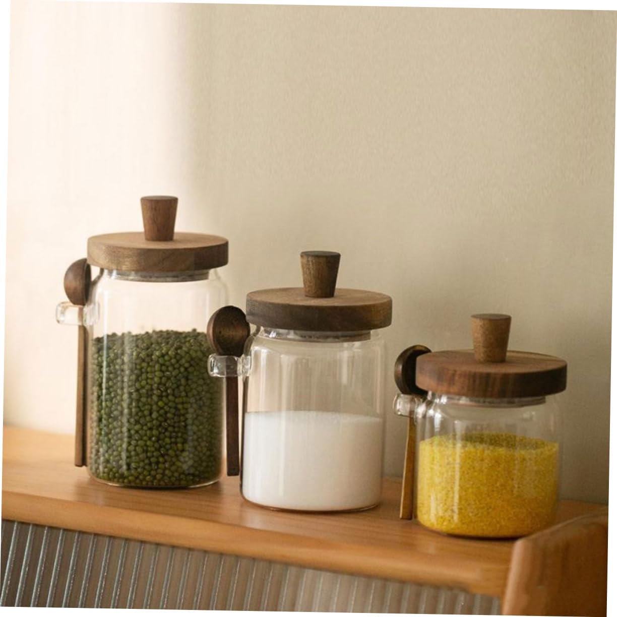 Gewürzglas mit Holzdeckel 550ml 3 Stück und Löffel 850ml aus Glas Stabile Salz und Zuckerbehälter 400ml Frische Gewürze Bewahren für Skandinavische Küche