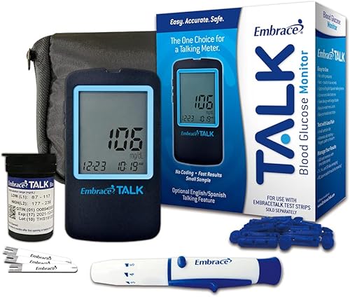 Embrace Kit de prueba de diabetes Talk - Medidor de glucosa en sangre Embrace Talk, 50 tiras de análisis de sangre, 1 dispositivo de punción,