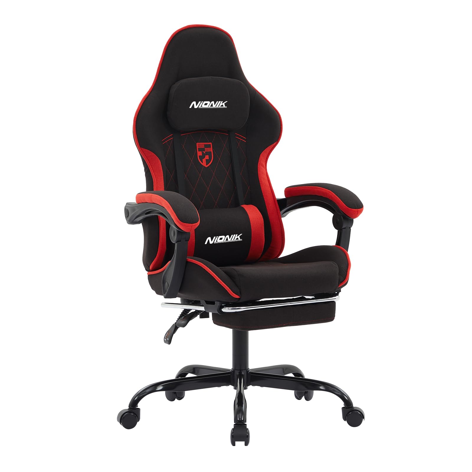 NIONIK Gaming Chair with Footrest and Massage Lumbar Cushion, Ergonomic Computer Chair with 135° Recline, Breathable Fabric, Headrest and 360° Swivel, Heavy Duty Office Chair Up to 150kg (BlackRed)