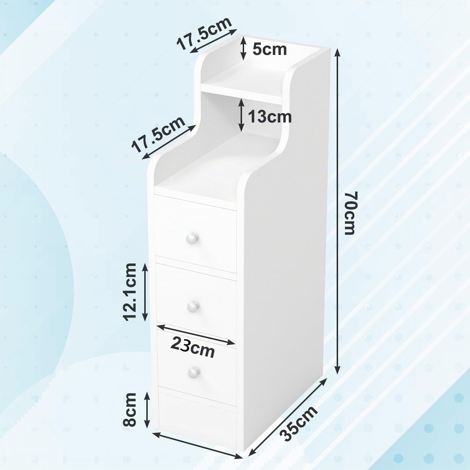 Nachttisch 70 cm hoch, NachtNachttisch Schmal 23 cm, Offenen Ablagen und 3 Schiebeschublade, Sofatisch Beistelltisch, Nachtkästchen Platzsparend, weiß 35x23x70cm