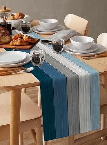 Miniatura 12 de Camino de mesa de algodón y lino estilo granja rústico retro, textura de madera de granero, color degradado marrón y gris, antideslizante,