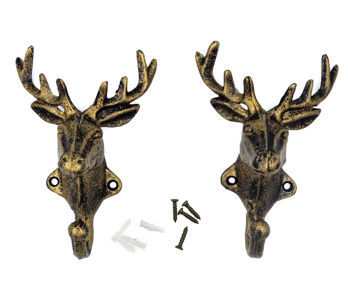 E-isata 2pcs Deer Wall Hook Hanger Metal Cast Iron, Heavy Duty, Rustic, Vintage, for Coats Bags Towels Key (Gold)