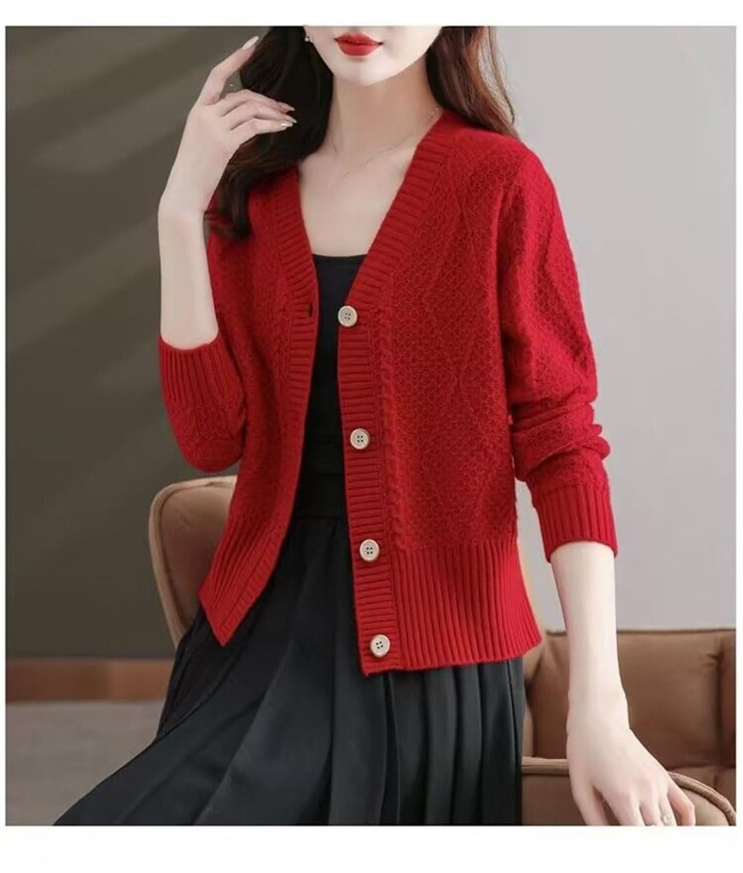 Cárdigan De Manga Larga con Botones para Mujer, Suéter con Cuello En V, Chaquetas De Punto Informales con Un Solo Pecho