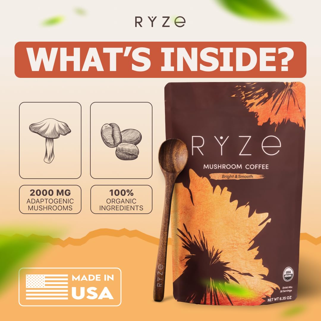 RYZE SUPERFOODS Mushroom Medium Roast Coffee USDA Organic with 6 Adaptogenic Mushrooms USA Grown Instant Coffee for Better — view 5