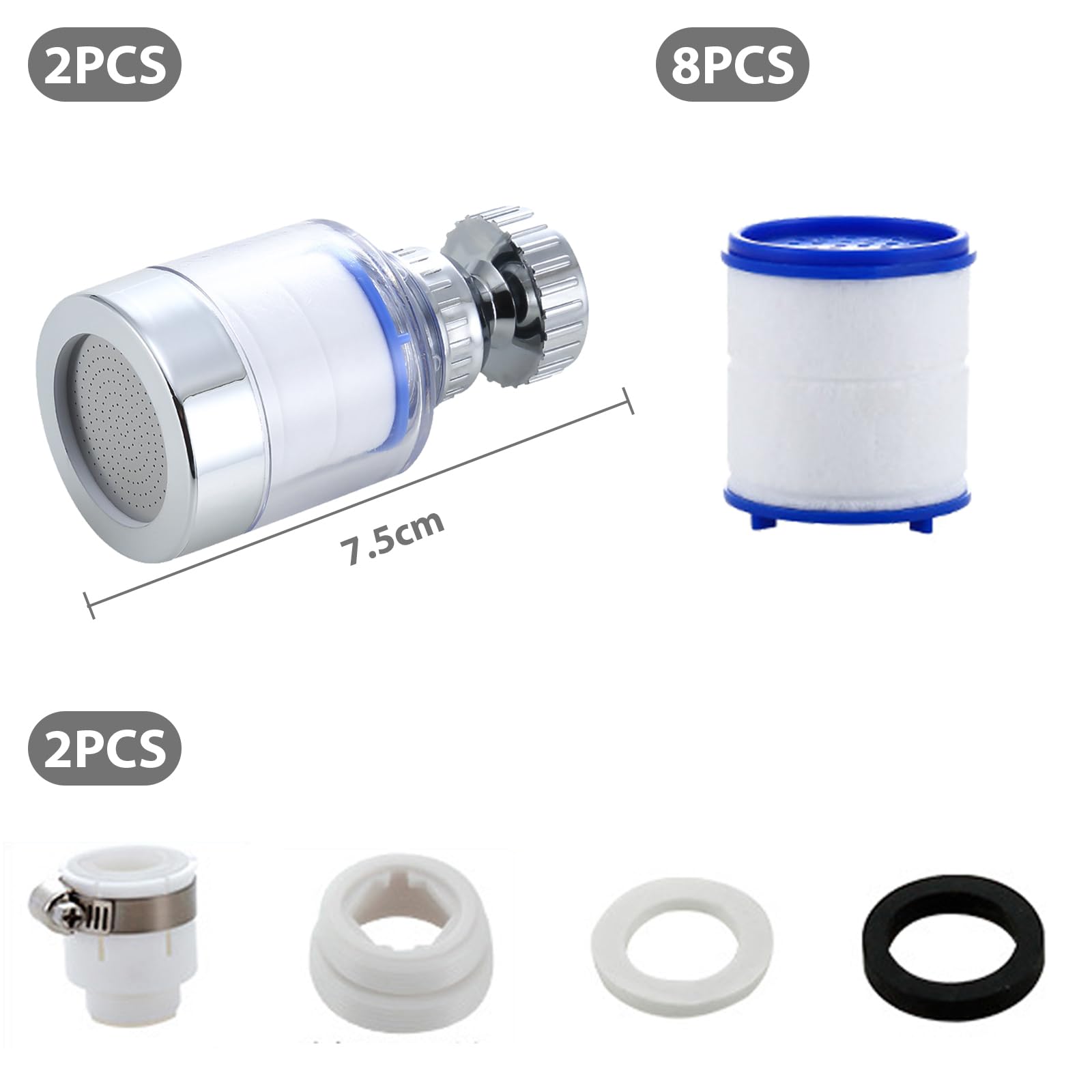 VZU Pack of 2 Tap Filters, 360° Water Filter Tap with 8 Filter Elements and Universal Adapter, Water Filter Drinking Water - Image 2