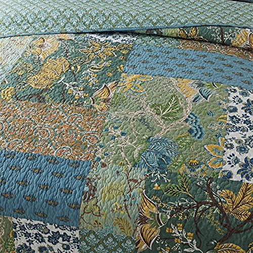 NEWLAKE Cotton Patchwork Bedspread, 3-Piece Bedding Quilt Set with Real Stitched Embroidery, Reversible Matelasse Bed Coverlet Set,Green Farmhouse Garden,Twin Size