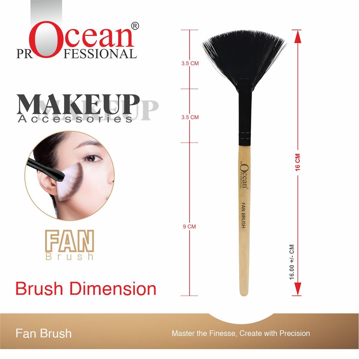 Ocean Professional Fan Brush FB-01 – Soft & Fluffy Highlighter Brush for Face Makeup, Seamless Powder Application, Natural Wood Handle, Black Aluminium Ferrule 1