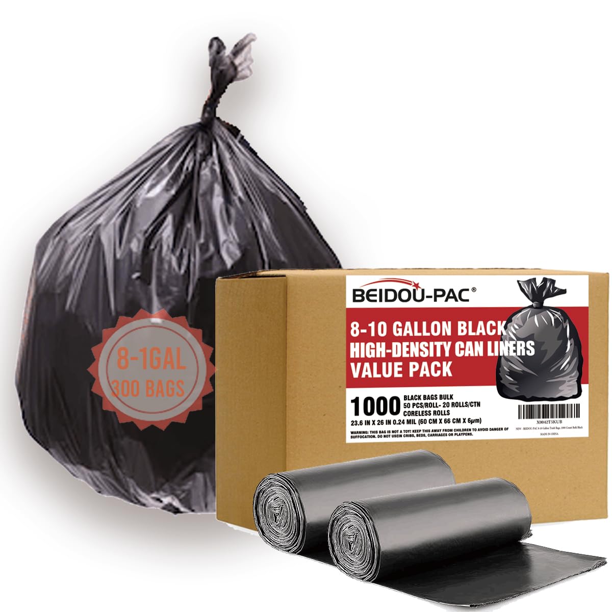 BEIDOU-PAC Worki na śmieci 8-25 l, opakowanie zbiorcze, czarne worki na śmieci, wielofunkcyjne wkładki do kosza na śmieci do łazienki, biura, przemysłu, komercyjnego, sprzątania, komunalnego