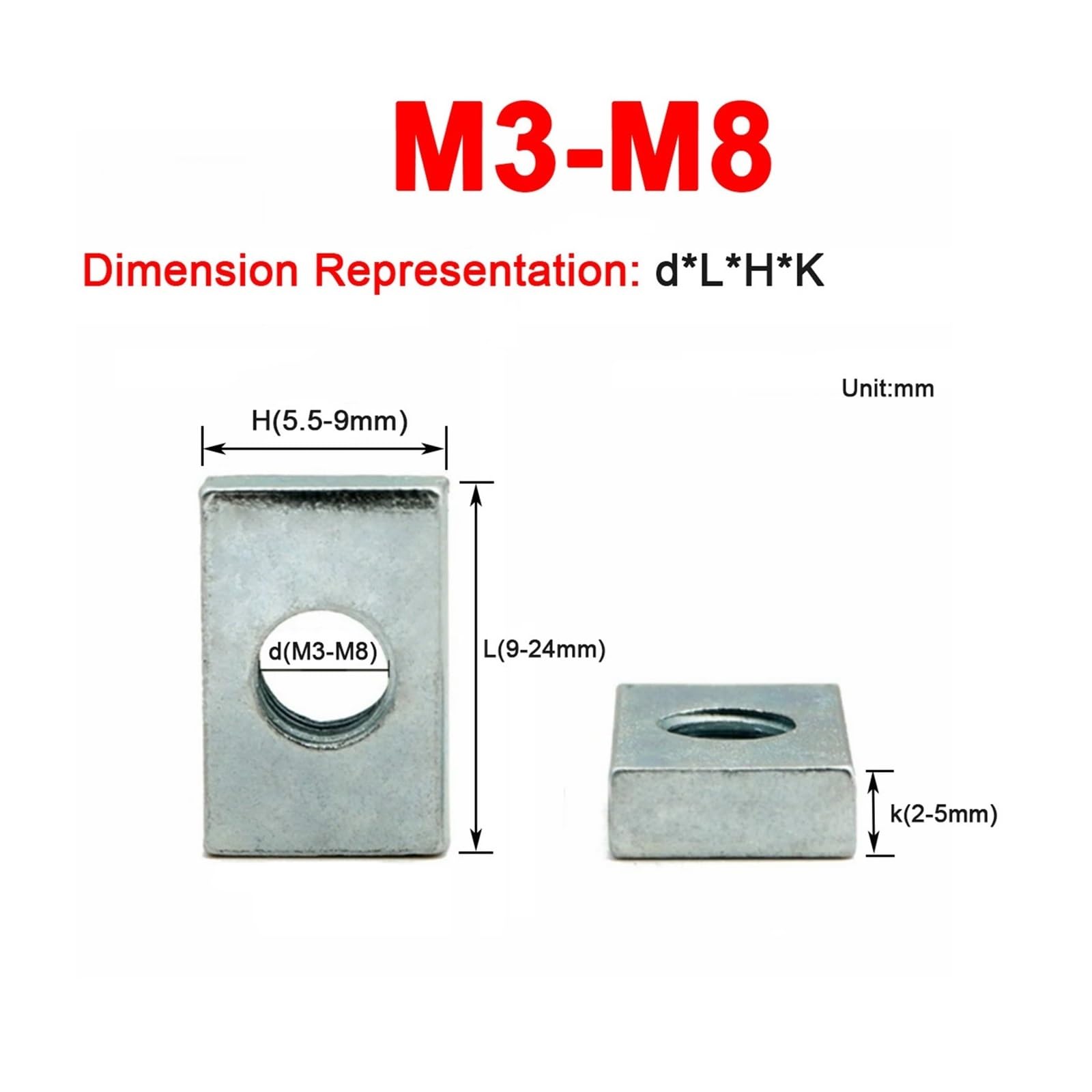 Zinc-Plated Carbon Steel Thin Rectangular Square Nuts Slider Block for Aluminum Profile Accessory M3 M4 M5 M6 M8(50pcs,M5-11x8x4mm)