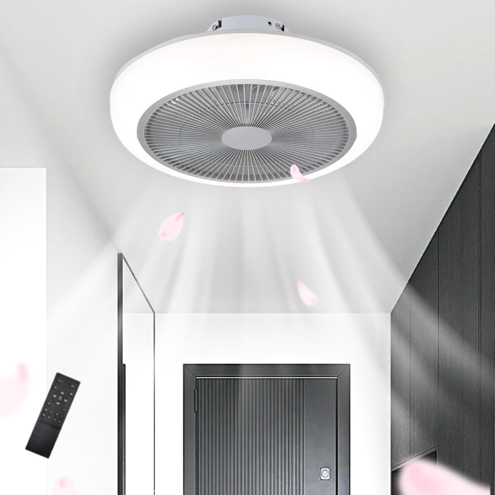 HXYSXHJUO Enclosed Ceiling Fan with Light for Bedroom, Modern Silent Led Fans Lamps, Low Profile Lights and Remote Living Room, 3 Colour Temperatures Dimmable-White