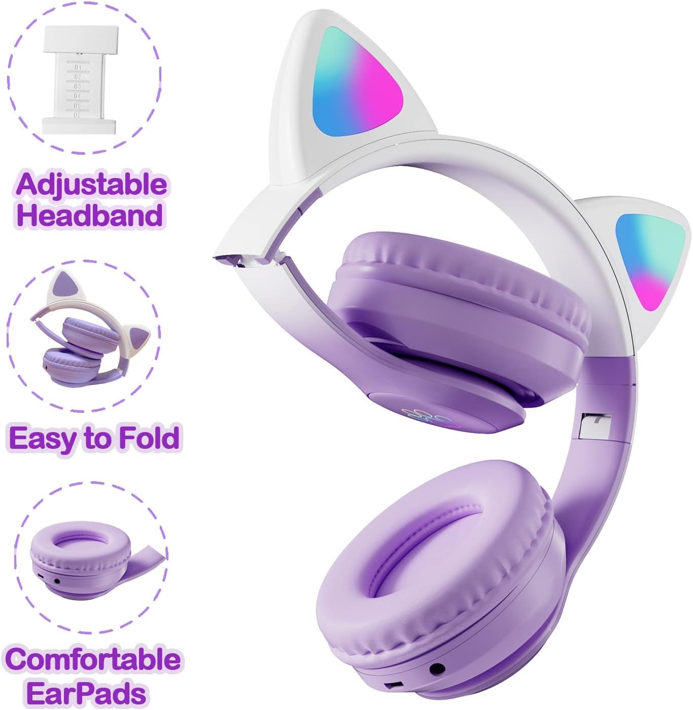 CAT YOWU Wireless Headphones with Microphone, Over-Ear Bluetooth Cat Ear Headphones for Kids and Teens (Purple) 1