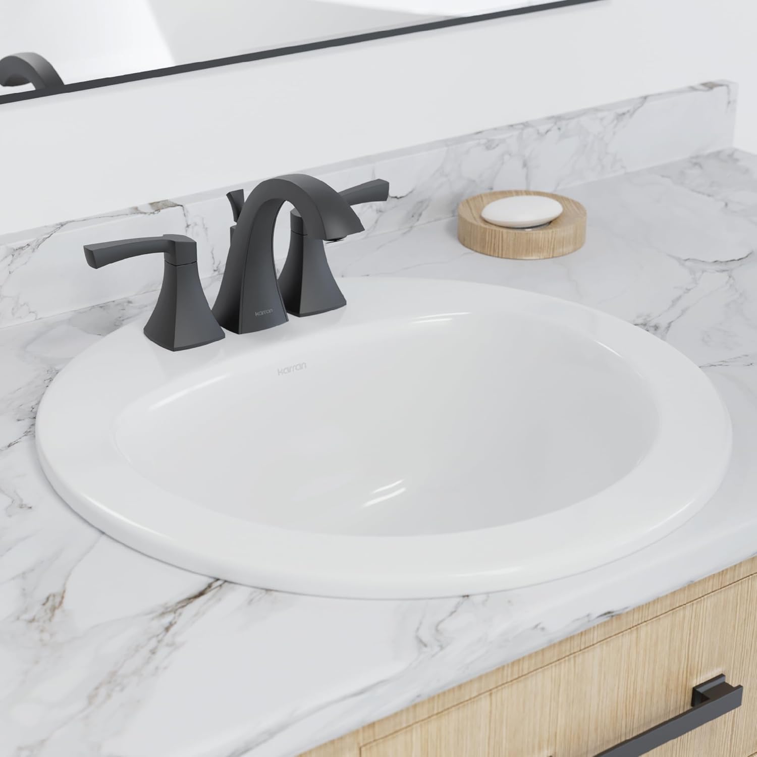 Karran Valera 20" Circular Top Mount Bathroom Sink in White – Vitreous China Round Vanity Basin – Rear-Center Drain, Overflow – Inside Bowl 15.5" x 12.25" x 5.625" – VC-206-WH
