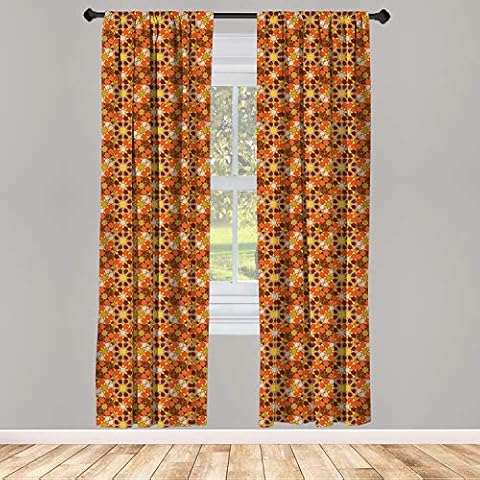 Lunarable Retro Curtains, Colorful Rhythmic Traditional 70's Vintage Flowers Inspired Motifs Illustration, Window Treatments 2 Panel Set for Living Room Bedroom, Pair of - 28" x 84", Orange Brown Cover
