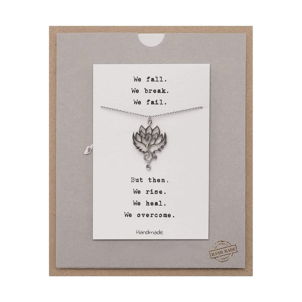 QUINNLYN & CO.Phoenix Om Lotus Flower Pendant Necklace, Handmade Gifts for Women with Inspirational Quote on Greeting Card