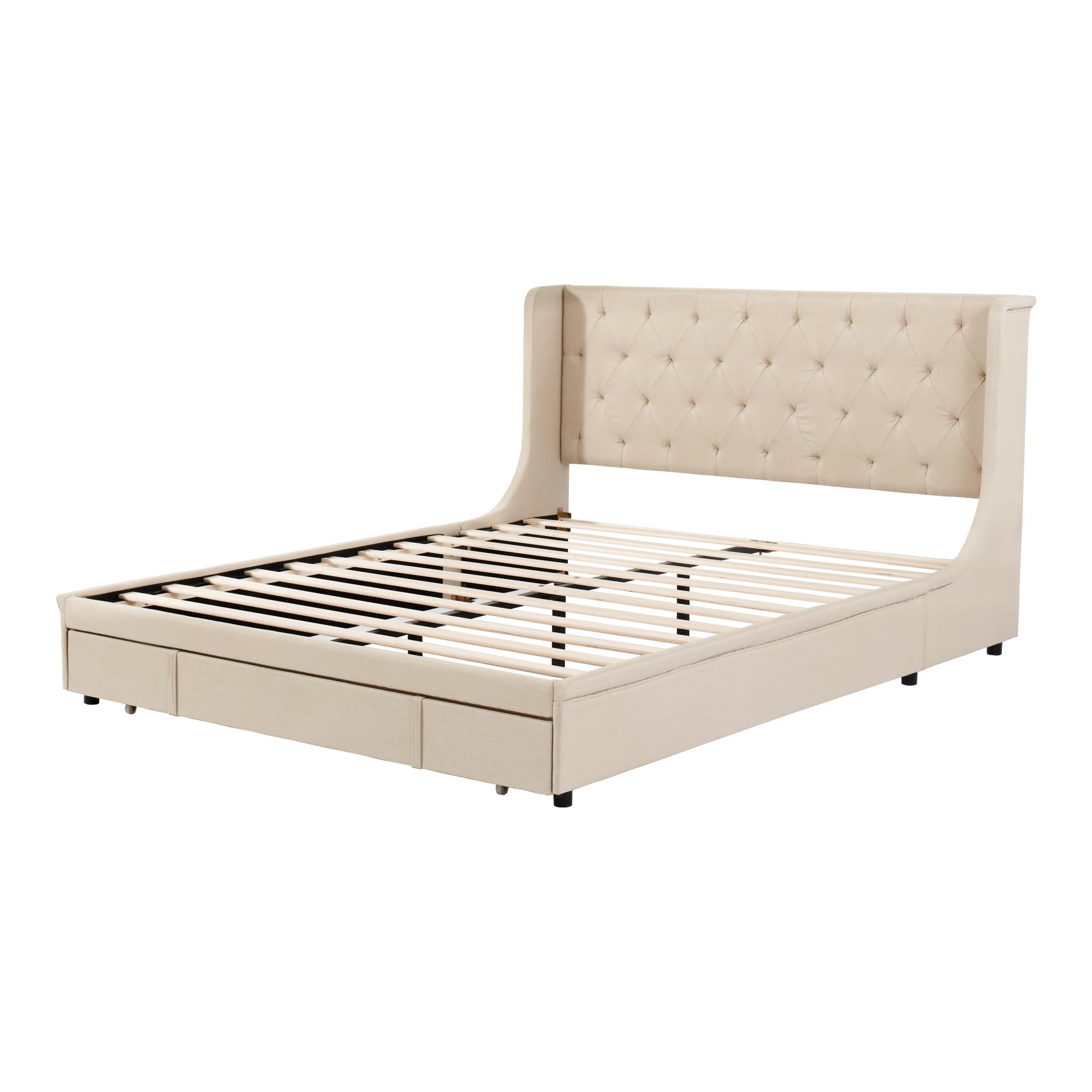 Houten bed 140 x 200 cm met hoofdbord - opbergvakken en 1 grote lade - LED's - Dennenhout