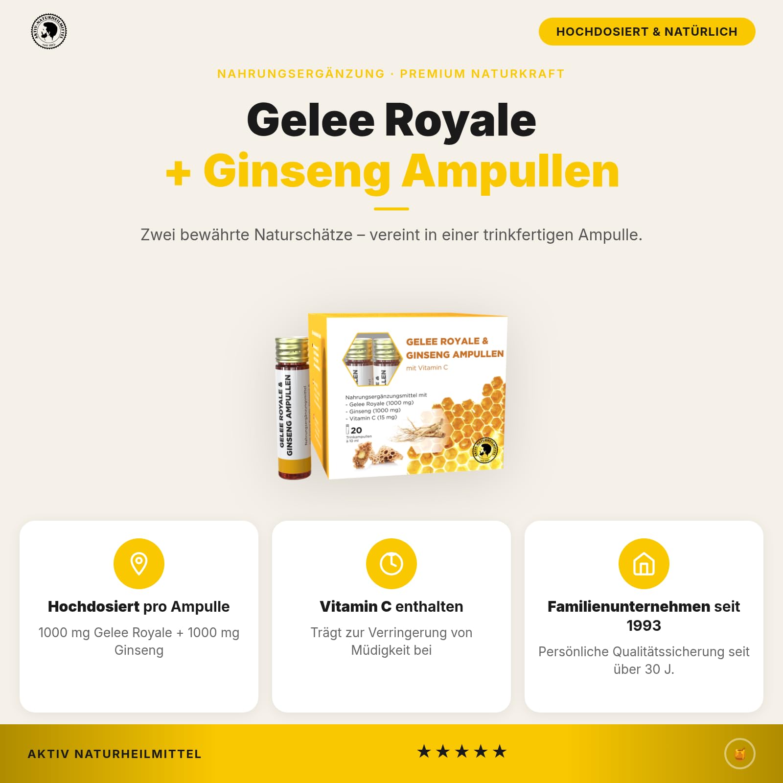 AKTIV NATURHEILMITTEL Gelee Royale & Ginseng Trinkampullen, 20 Stück | je 1000mg Gelee Royale, 1000mg Ginseng (Panax), mit Vitamin C, Familienunternehmen seit 1993