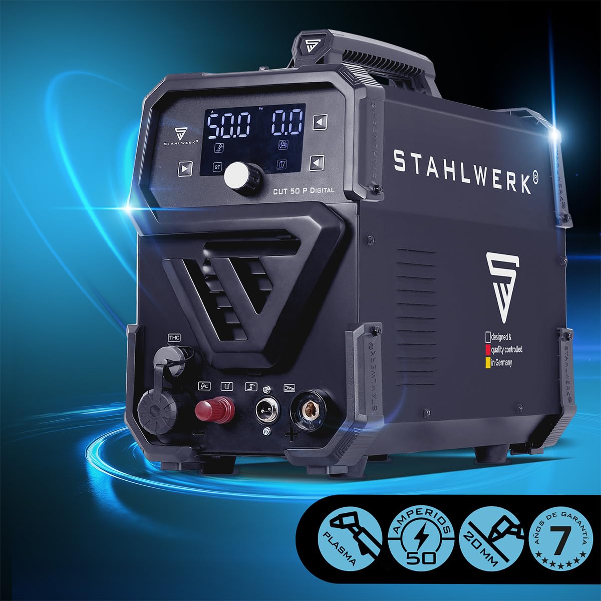 STAHLWERK Cortador de plasma CUT 50 P Digital – 50 A, capacidad de corte hasta 20 mm, encendido HF Pilot, interfaz THC para control de altura CNC, Inverter Plasma Cutter