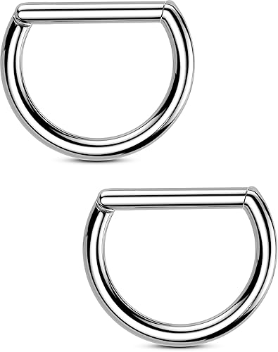 OUFER 2PCS Titanium Nipple Rings, D-shaped Nipple Piercing Jewelry, 14G Clicker Septum Daith Lightweight Body Piercing Jewelry for Women Men 14MM - Silver