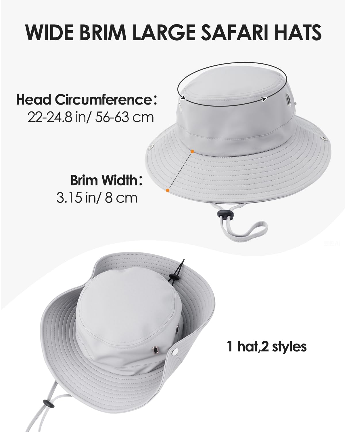 Feng Shui， L/XL/2XL schnell trocknende Sonnenhüte für Männer mit großen Köpfen, UPF50+, breite Krempe, Safari-Boonie-Kletter-Wanderhut