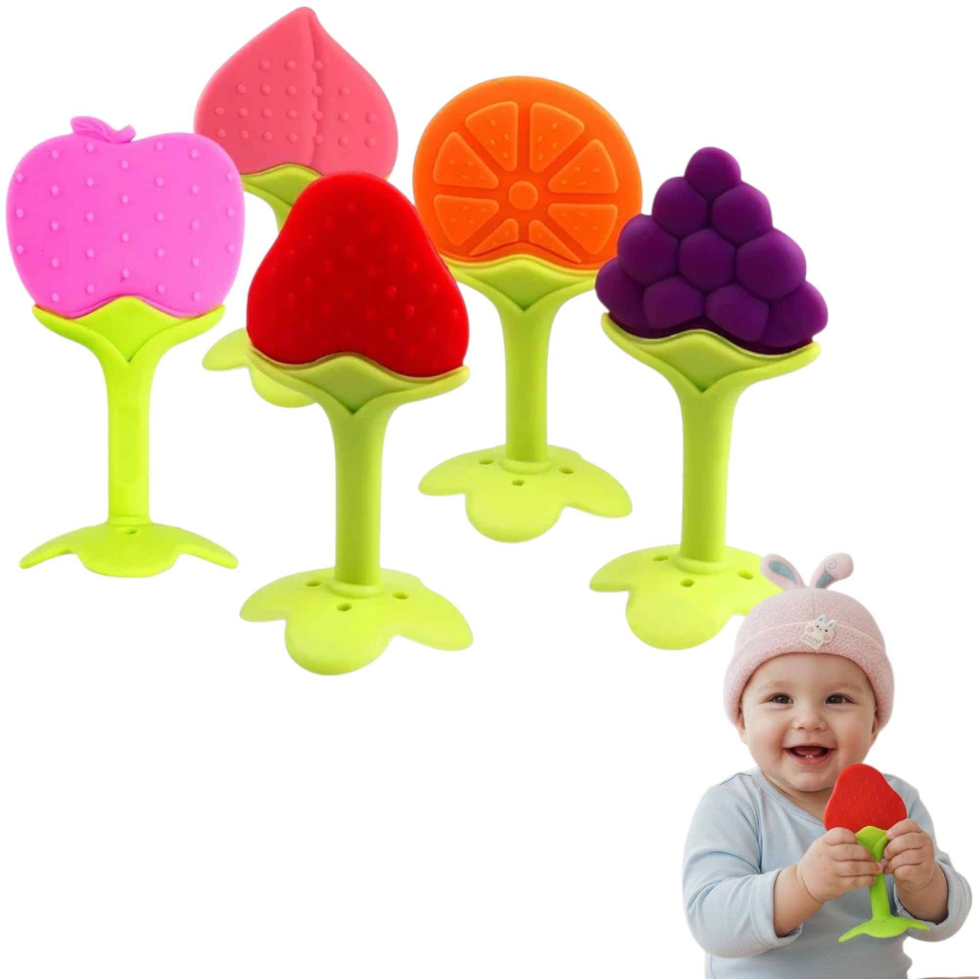 Trubliz Baby Silicone Teether for 0–12 Months | BPA Free Soft Fruit Shaped Chewable Teething Toy | Non-Toxic Gum Care Teether, Freezer & Hot Water Safe, Multicolour Mix Design (Pack of 2)-image-5