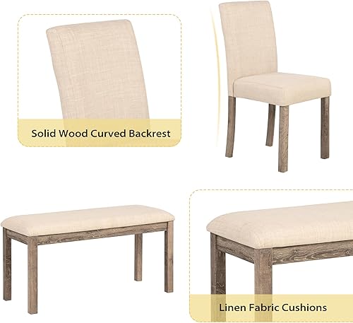 Miniatura 5 de Juego de mesa de comedor de madera maciza de 6 piezas, incluye 1 mesa de comedor, 4 sillas tapizadas y 1 banco, juego de mesa de comedor con patas