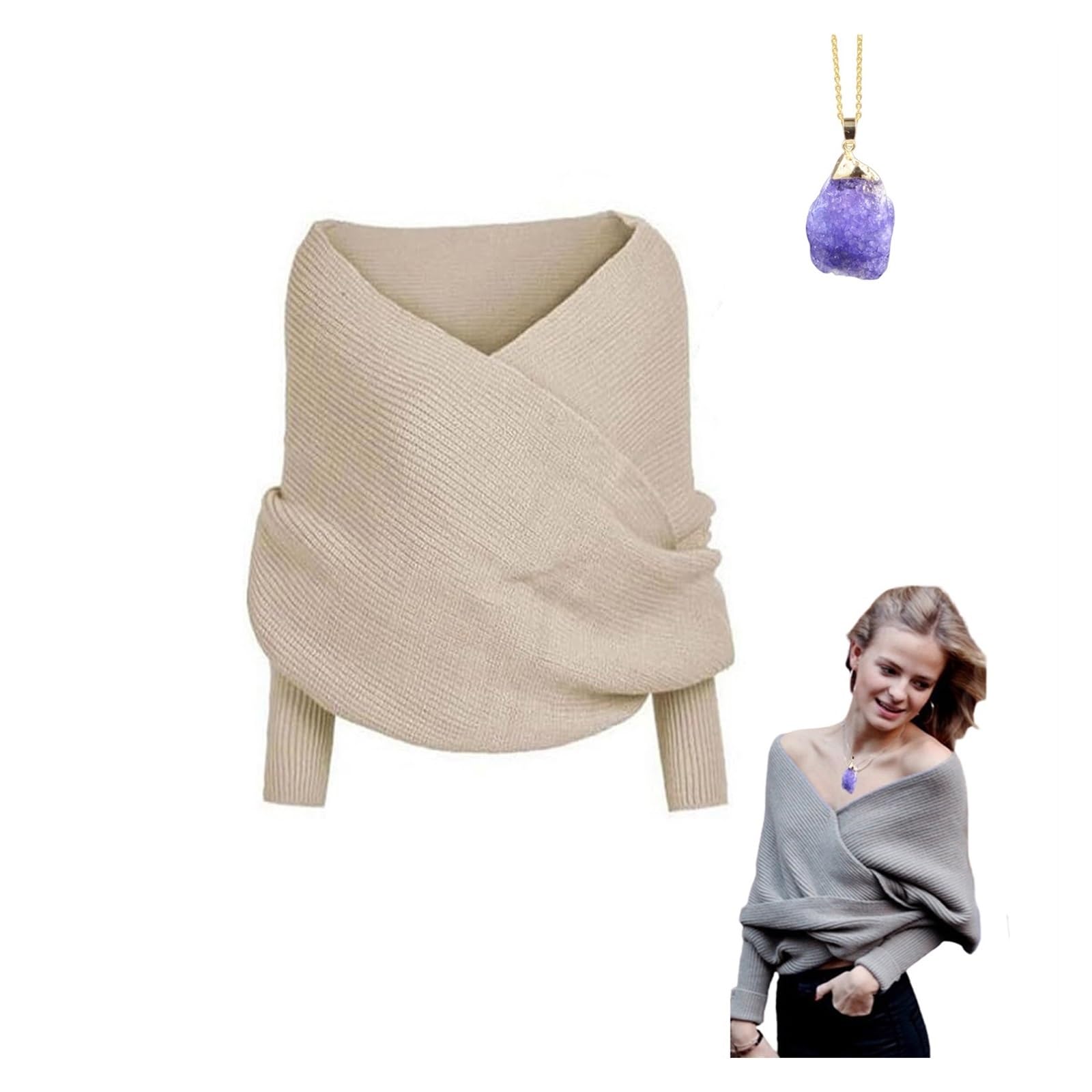 Écharpe de pull avec manches femme pull en tricot hauts écharpe beige