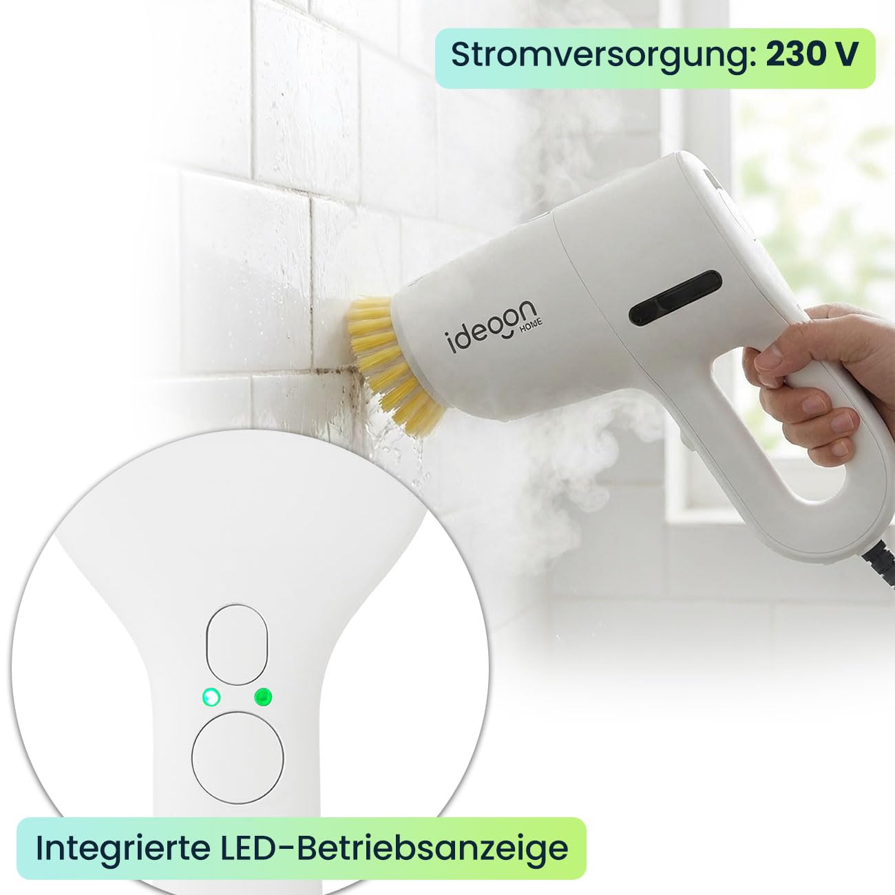 ideoon Profi 3in1 Dampfreiniger & Boden-Dampfbesen: 1200W Handgerät gegen Bakterien ohne Chemie für Boden, Bad, Möbel - in 15s startklar