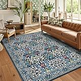 GarveeHome 8x10 Area Rugs, Washable Rugs for Living Room Non Slip Stain Resistant Ultra Soft Floral Rug, Boho Carpet Floor Mat for Bedroom Dining Room Nursery Playroom Office, Dark Blue